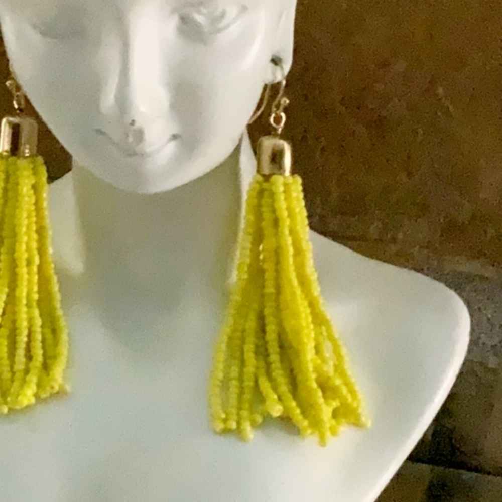 Nwt Lemon Yellow Seed Bead Tassel Drop Earrings